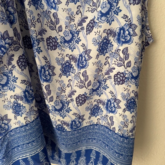 Pink Rose Vintage Blue White Floral Cold Shoulder Blouse XL Short Sleeve Boho - Picture 4 of 4